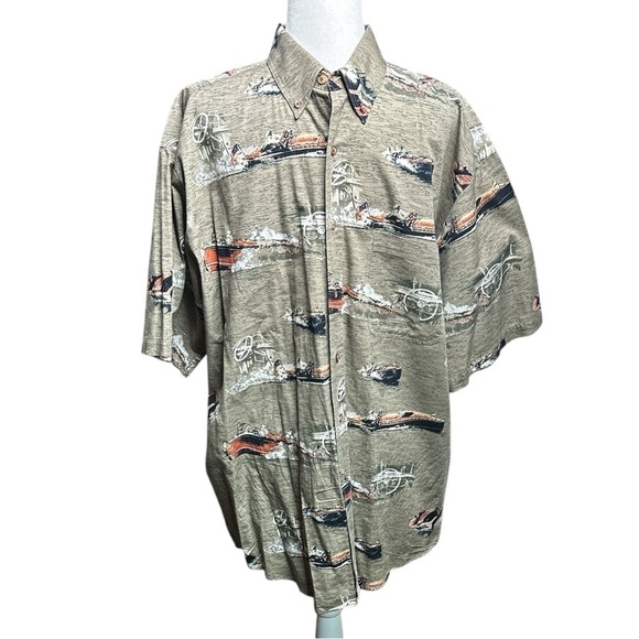 RedHead Men's Casual Tan Graphic Fishing Boat Button Down Shirt - Picture 1 of 7